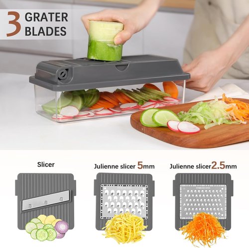 LHS Professional Vegetable Chopper - 11-in-1 Multifunctional Kitchen Gadget with Food Storage Containers | Grey
