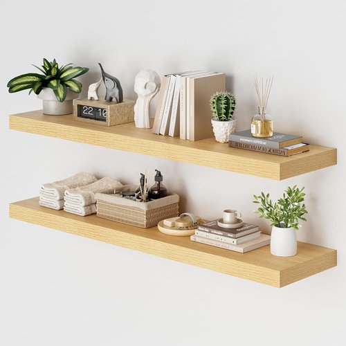 Heimlove Floating Shelves - 48W x 12D Long Wood Shelves for Bedroom, Living Room & Kitchen | Set of 2, Oak