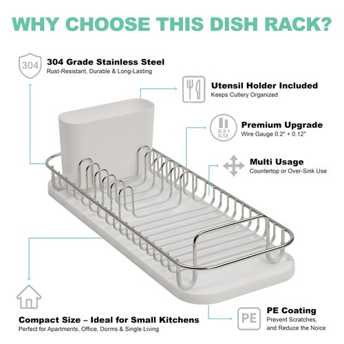SunnyPoint 304 Stainless Steel NeverRust Compact Dish Drying Rack with Utensil Holder & Removable Drain Tray, Rustproof Small Dish Rack for Kitchen Countertop or Over Sink (Metallic Silver, Compact)