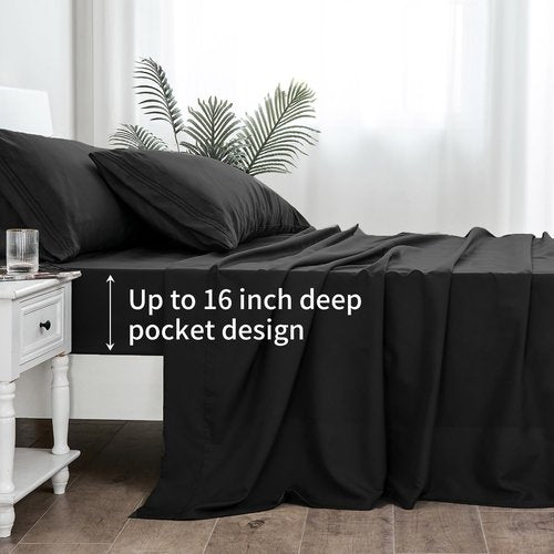 Linenline Full Sheet Set - Cooling Rayon Bamboo Sheets | 6-Piece Luxury Set, 16" Deep Pocket, Black