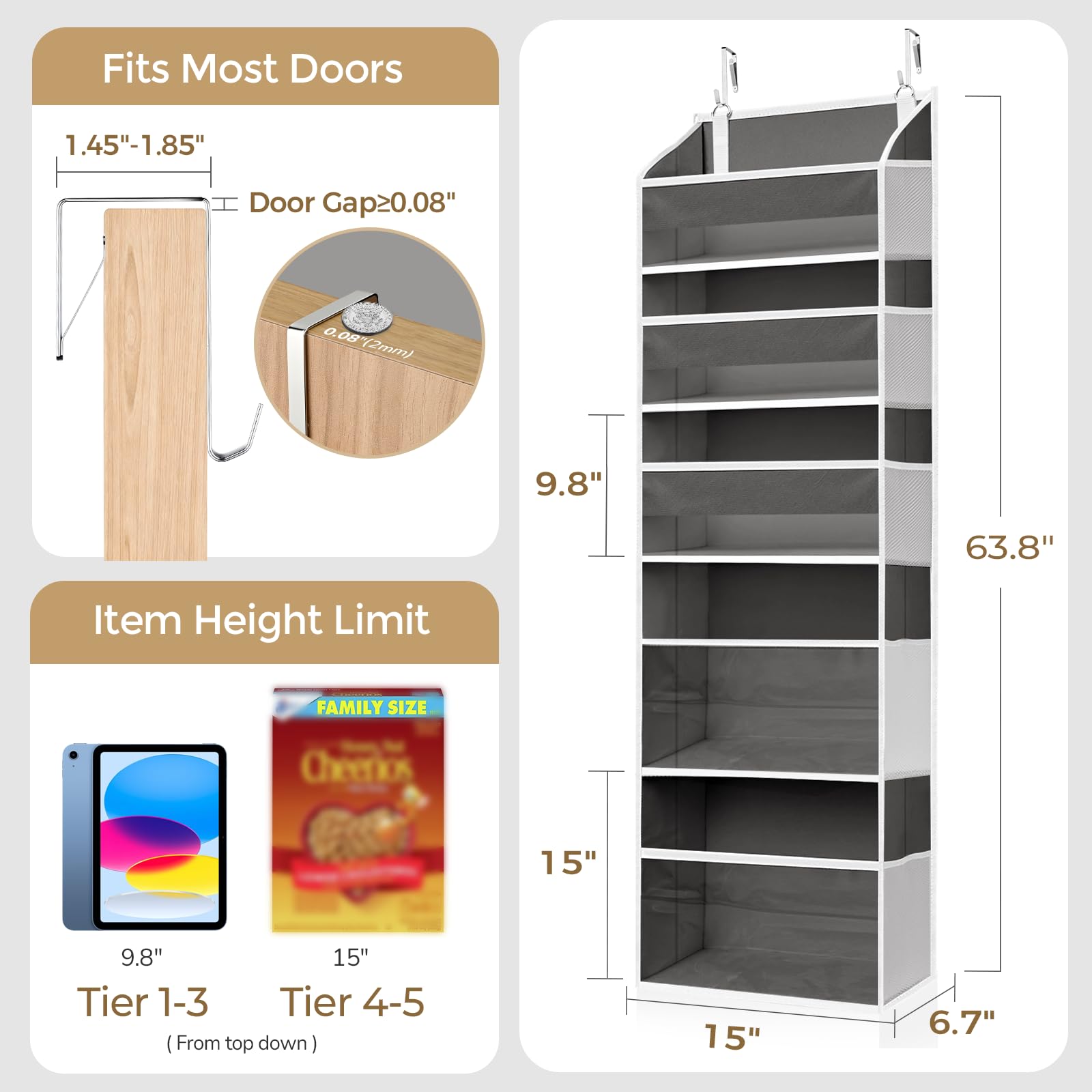 Ordovibe 5 Tiers Over Door Organizer with 10 Mesh Side Pockets, 44 lbs Weight Capacity Hanging Storage Organizer with Clear Window Kids Toys, Shoes, Diapers, Dark Gray