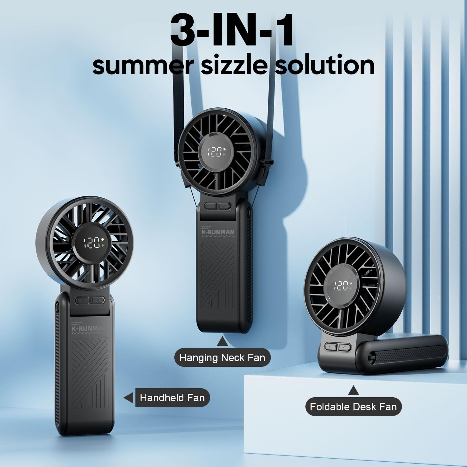 K-RUNMAN Portable Handheld Fan, 4000mAh Rechargeable, 6 Speed Settings, LCD Display, 3-in-1 Foldable Mini Desk Fan with Lanyard (BLACK)