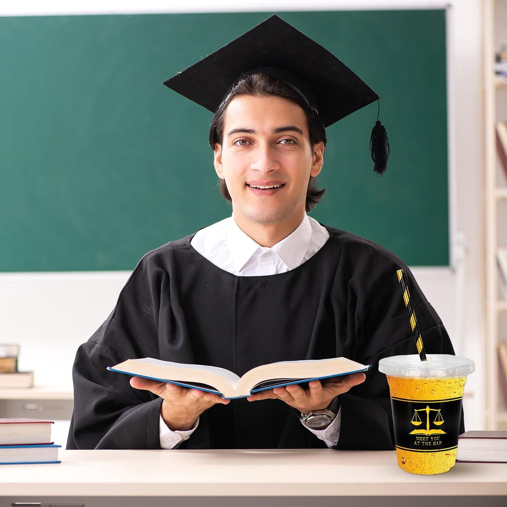 Whaline 50Pcs 12Oz Law School Graduation Cups - Disposable Plastic with Lids & Straws for Celebrations