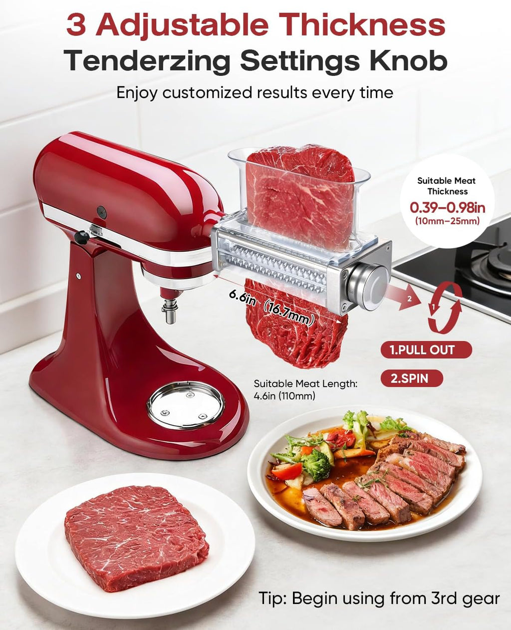 Skiennix Adjustable Meat Tenderizer Attachment - 3 Thickness Settings for KitchenAid Mixers | Durable Metal Wheel & Tall Chute