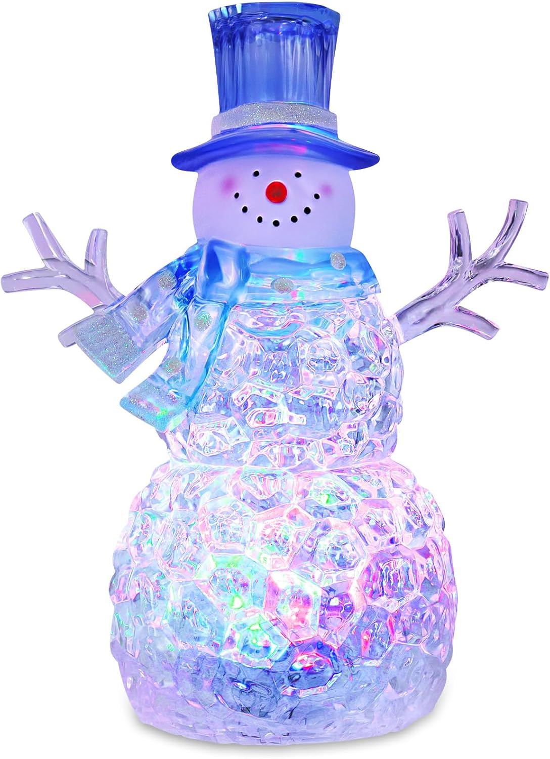 Snowman Christmas Decoration - LED Lighted Figurine with 6-Hour Timer | Battery Operated Acrylic Snowman (Blue Hat)