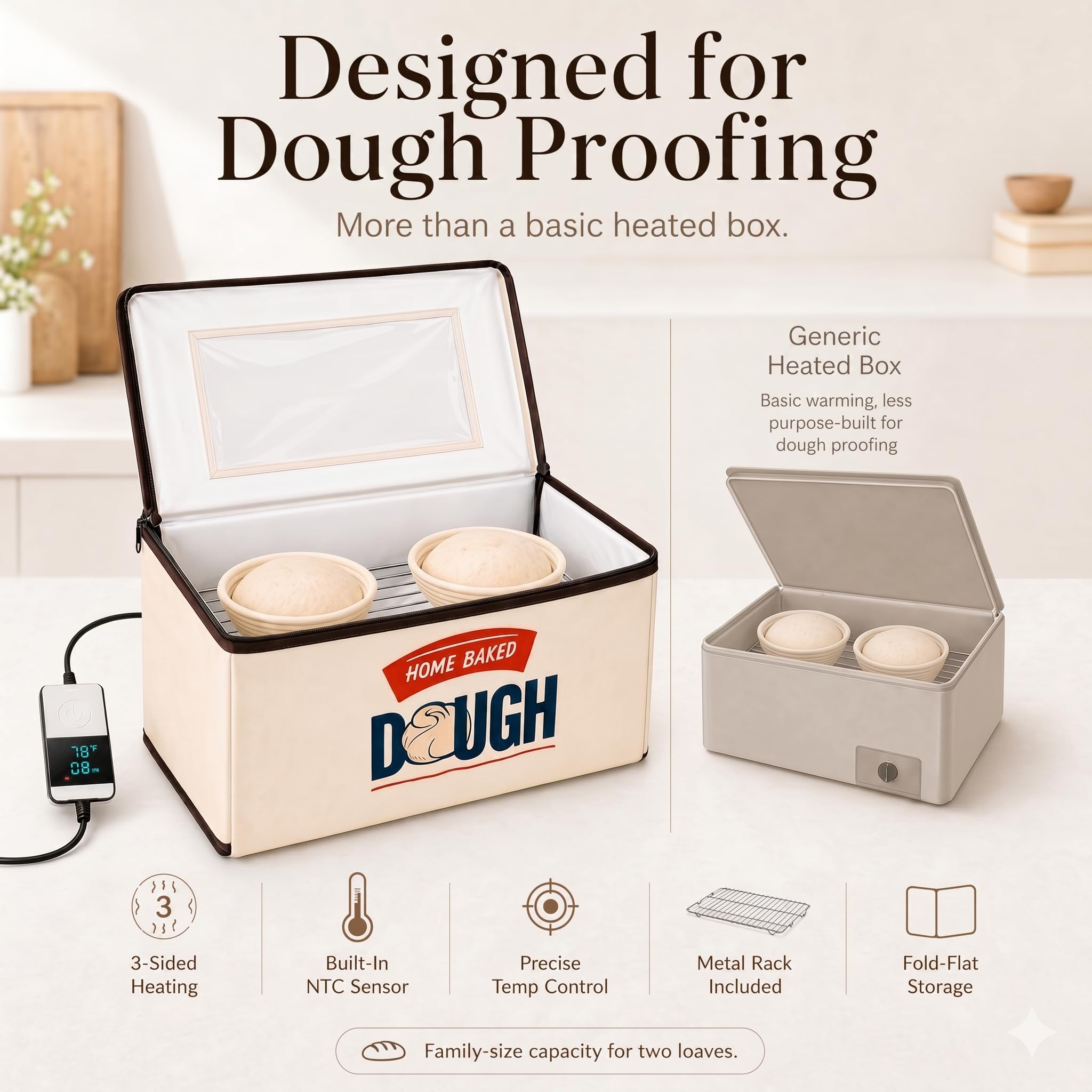 BLUBYEES Folding Bread Proofing Box, 3-Sided Heating with Precise 68-104°F Temp Control, 48H Timer, Family-Size Dough Proofer for 2 Loaves, Sourdough & Pizza Dough