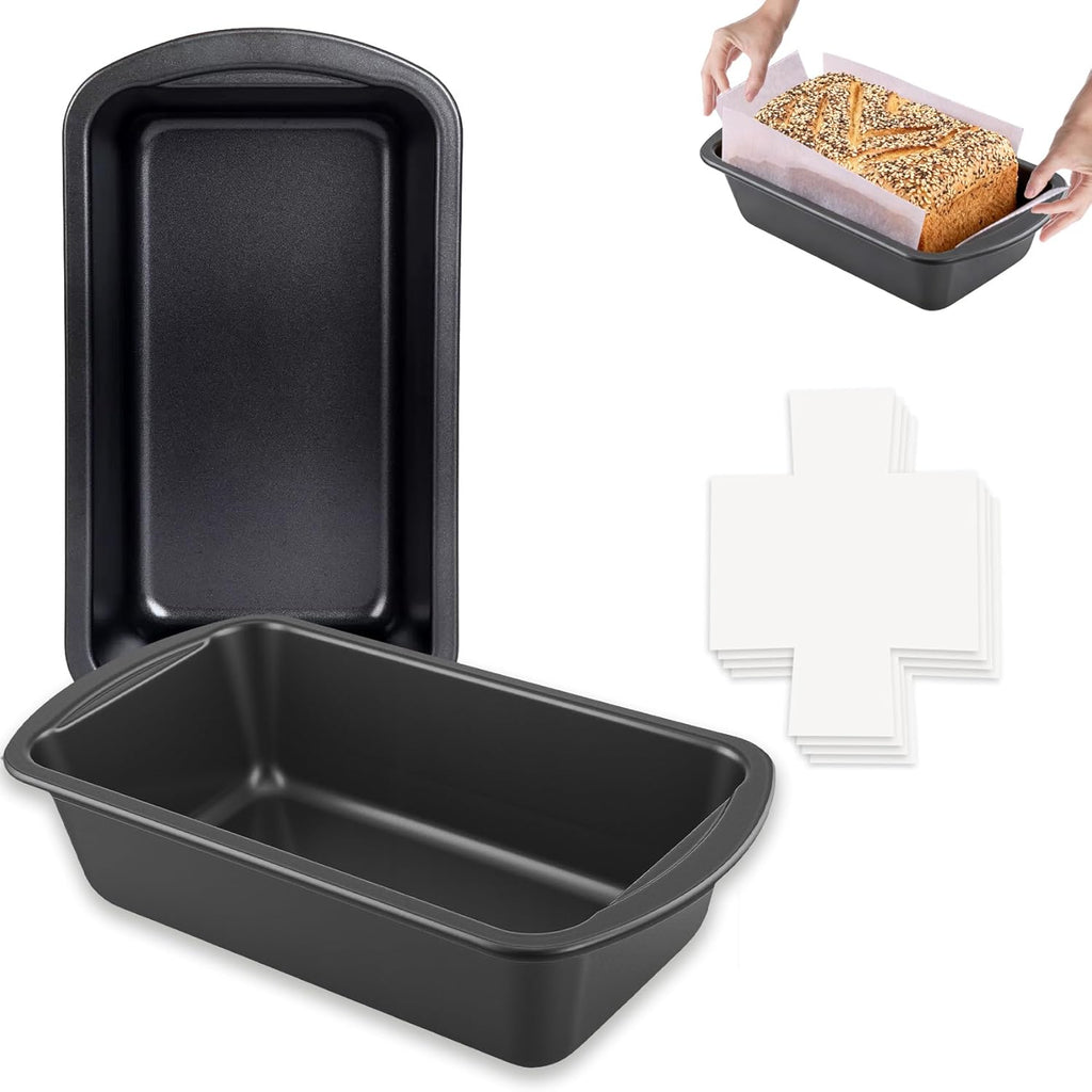 Premium Carbon Steel Non-Stick Loaf Pan - 2-Pack with 50 Parchment Paper Liners | BPA Free, Dishwasher Safe, 10x5