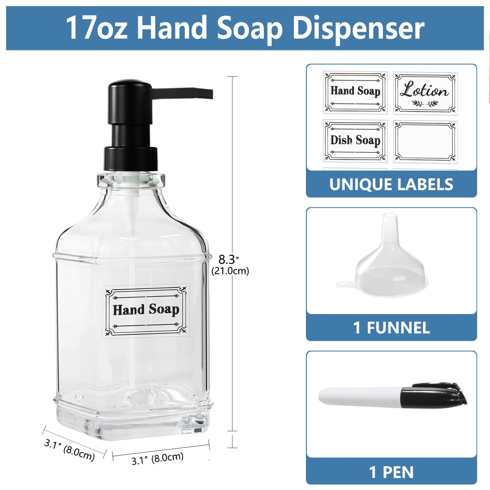 BPFY 3 Pack Glass Soap Dispenser with Pump, 17oz/500ml Square Refillable Hand and Dish Soap Dispenser for Bathroom Decor & Kitchen Sink, Clear Pump Bottles for Liquid, Lotion (Includes 6 Labels)