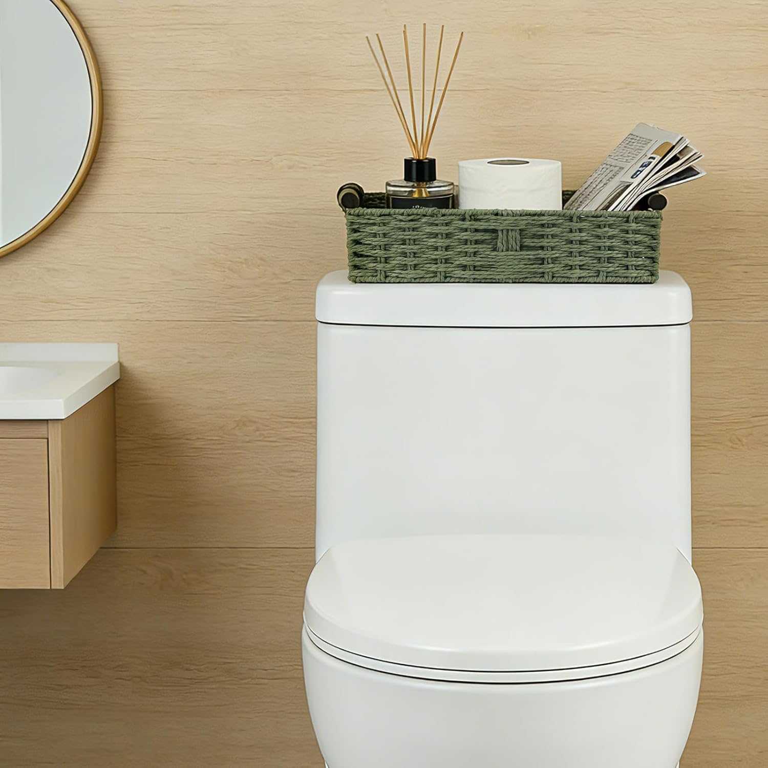 Skiennix Green Toilet Basket - Stylish Bathroom Organizer & Storage | 2-Piece Paper Rope Wicker Holder