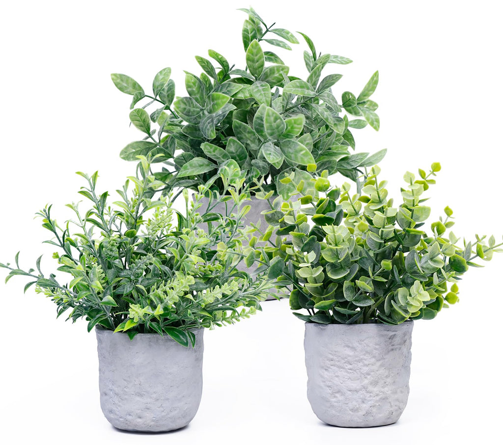 FGSAEOR Mini Potted Fake Plants, Small Artificial Greenery Realistic Plants Topiaries, Low Maintenance, for Home Office Shelf Desk Farmhouse Room Coffee Table Decor (3-Pack) (Grey (Round Pot))