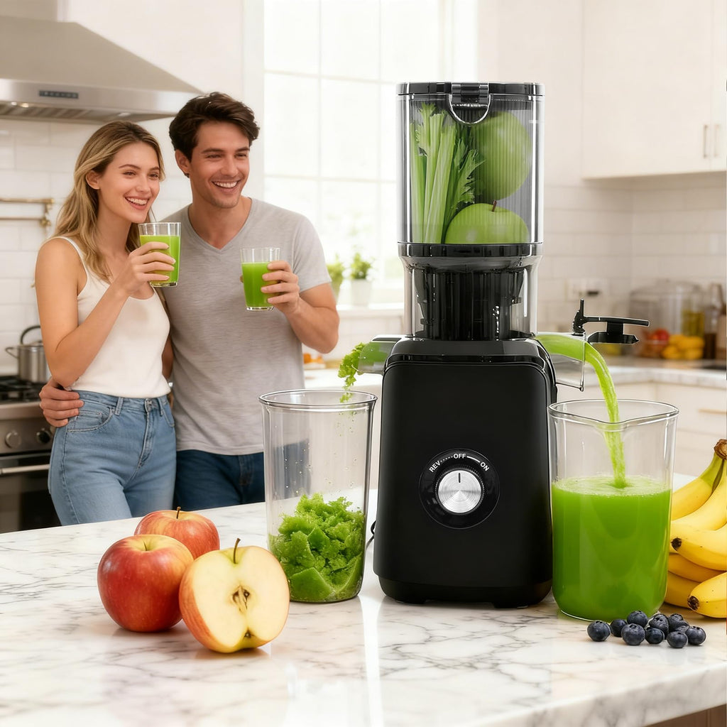OLIXIS Cold Press Juicer, Masticating Juicer Machines with Wide Feed Chute, High Juice Yield and Easy to Clean for Whole Vegetables & Fruits, Black