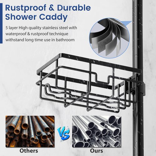 Corner Shower Caddy Organizer Tension Pole, Adjustable 6 Shower Shelves Corner Shelf 30-120Inch Rustproof Shower Rack for Inside Shower, Extra Towel Bar Soap Dish Bathroom Organizers and Storage Black