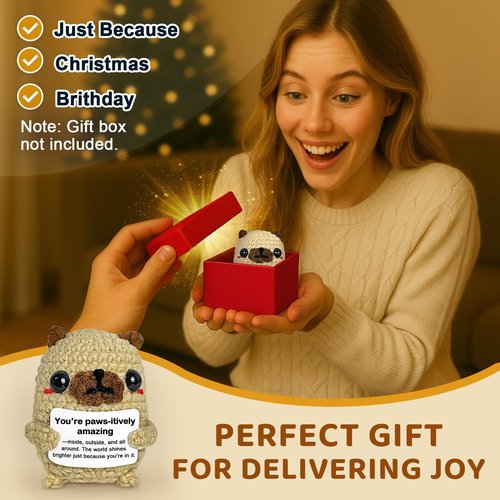 Krinisou Pug Gifts for Pug Lovers, Cute Positive Animals Crochet Dog Decor, Encouragement Inspirational Appreciation Thank You Gift for Friends, Coworkers, Women, Men