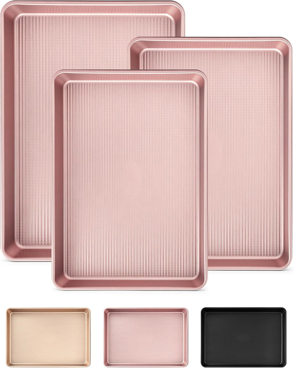 Professional Non-Stick Baking Sheets Set - 3-Piece Heavy Duty Carbon Steel Cookie Sheets | Oven Safe & Even Heating (Pink)