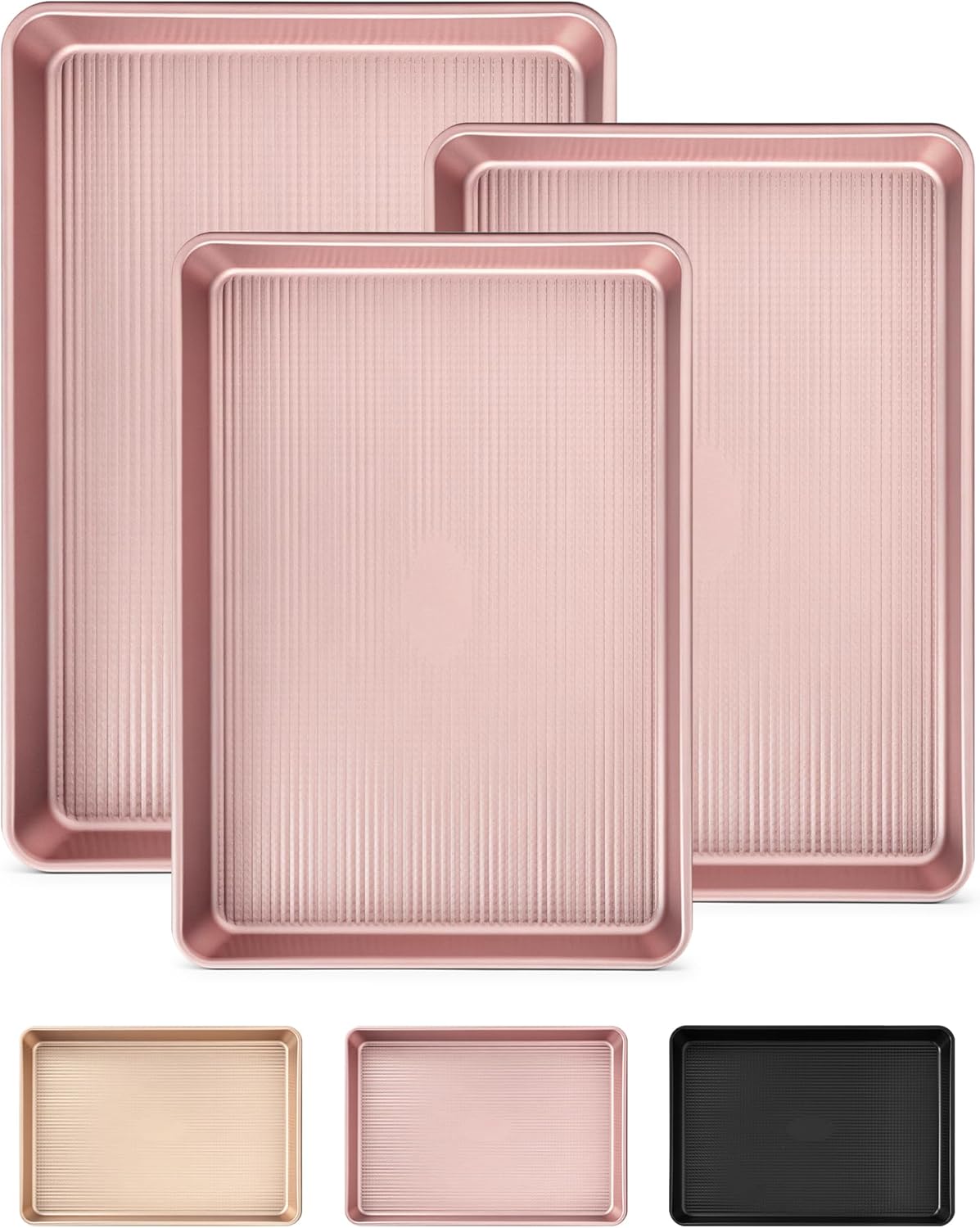 Professional Non-Stick Baking Sheets Set - 3-Piece Heavy Duty Carbon Steel Cookie Sheets | Oven Safe & Even Heating (Pink)