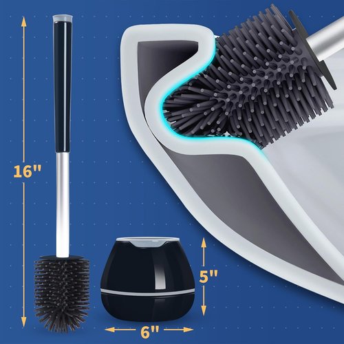BOOMJOY Toilet Brush Set - Silicone Bowl Brushes with Tweezers for Effective Bathroom Cleaning | Black & Grey
