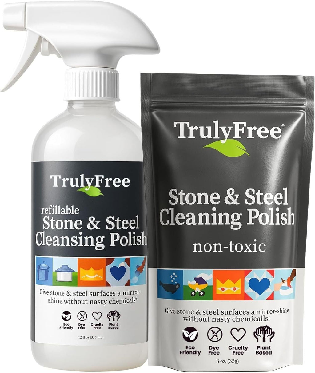 Truly Free Stone & Steel Cleansing Polish Starter Kit - Quartz, Marble, Granite, Stone Countertop, Oven, Stainless Steel Cleaner - 12oz Empty Bottle, 1 Concentrated Fill (3oz)-No Harmful Ingredients