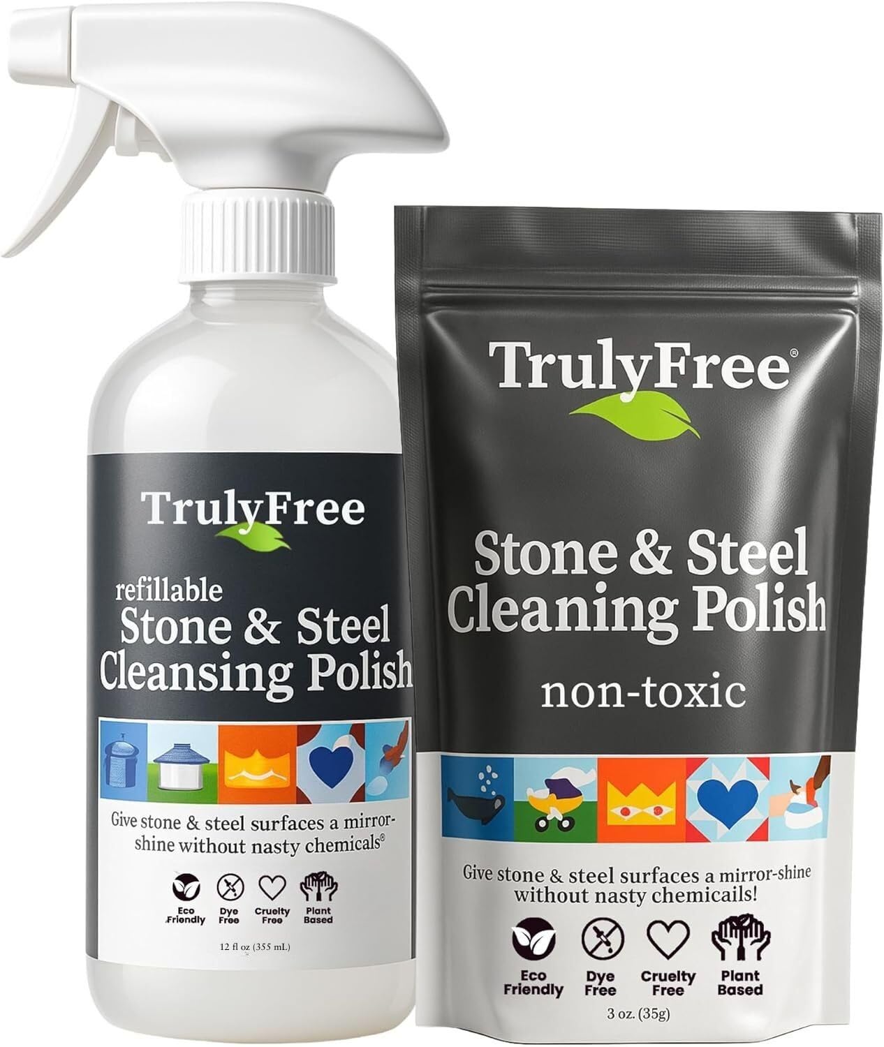 Truly Free Stone & Steel Cleansing Polish Starter Kit - Quartz, Marble, Granite, Stone Countertop, Oven, Stainless Steel Cleaner - 12oz Empty Bottle, 1 Concentrated Fill (3oz)-No Harmful Ingredients