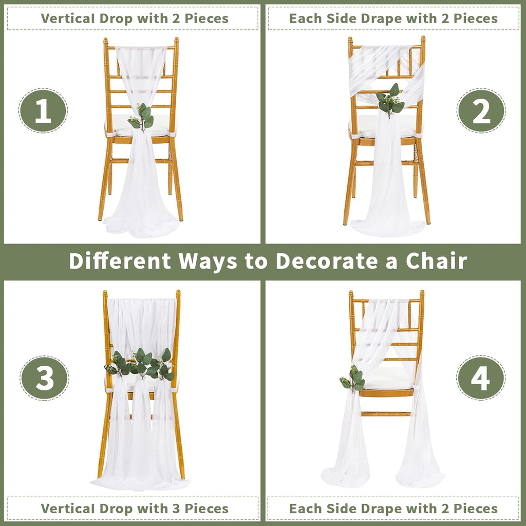 QueenDream Chair Sashes - 24 Packs of 8ft Long Sheer White Draping Fabric for Wedding & Party Decor