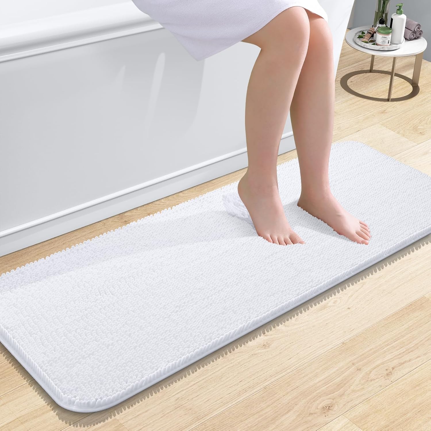 OLANLY Bathroom Runner Rugs - Extra Soft Chenille Bath Mats | Quick Dry, Machine Washable, 47x17 Inches, White