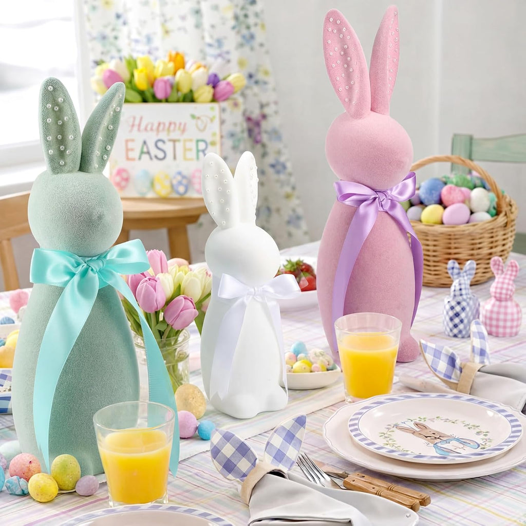 Wesiti Flocked Bunny Easter Decorations - 3 Pack Pastel Bow Table Centerpieces (8", 10", 12")