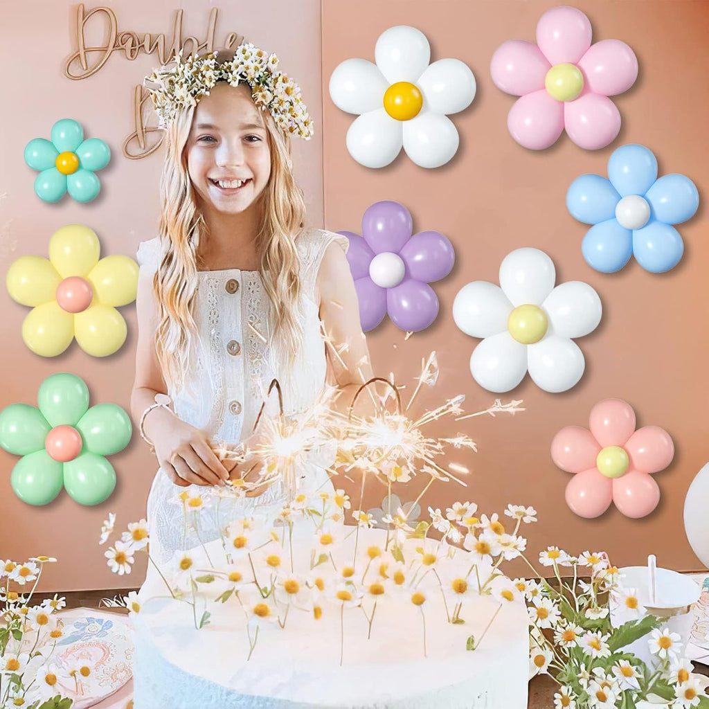 Skiennix Daisy Flower Balloons DIY Kit - Boho Macaron Pastel Party Decorations | 16-Set for Baby Showers & Birthdays