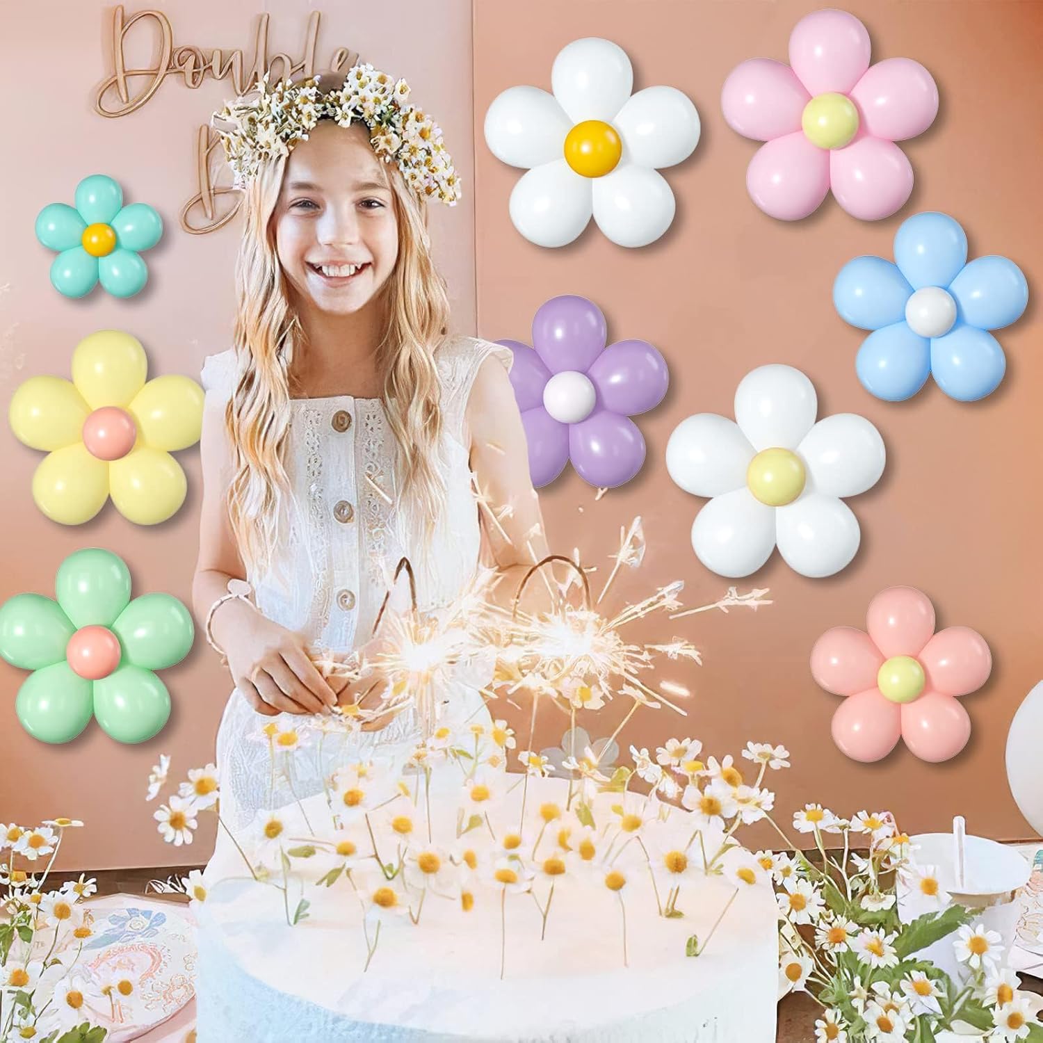 Skiennix Daisy Flower Balloons DIY Kit - Boho Macaron Pastel Party Decorations | 16-Set for Baby Showers & Birthdays
