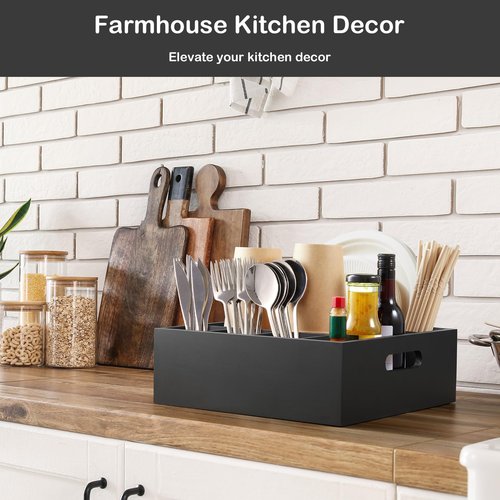 GCWSTJK Wood Utensil Holder for Party, 6-Compartment Paper Plate Organizer with Handles, Wooden Silverware Caddy for Picnic, Camping, BBQ, Buffet, and Kitchen Countertop Organization, Black