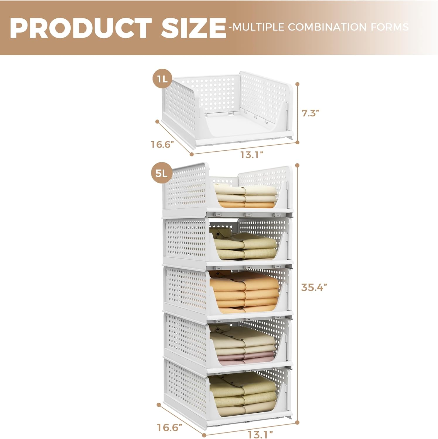 Pinkpum Stackable Plastic Storage Bins - 5 Pack Closet Organizers for Home & Office | White