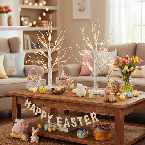 EAMBRITE Lighted Birch Tree - 24 LED Mini Tabletop Decorations | Battery Operated & USB, 2FT White Trees for Easter & Christmas Decor