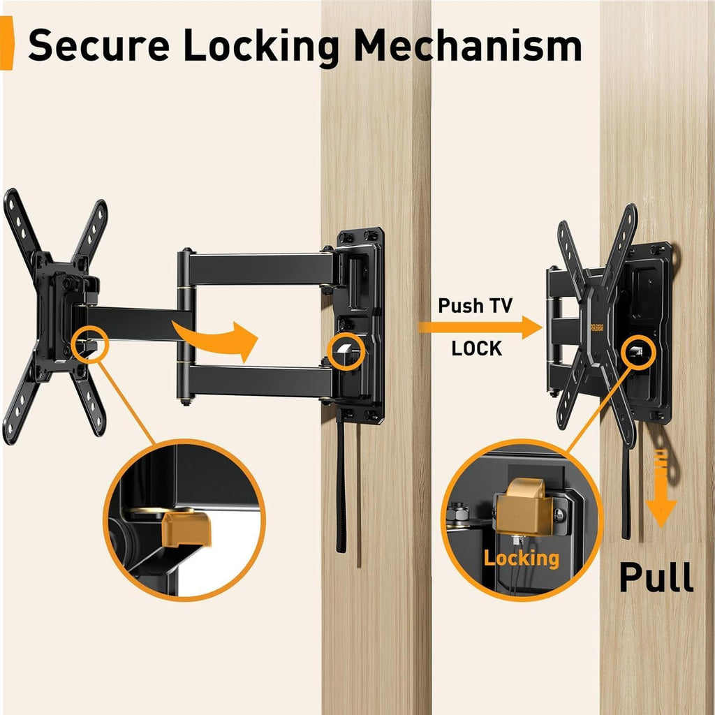Perlegear Lockable RV TV Mount - Full Motion for 13–43 Inch TVs Up to 44 lbs | Swivel, Tilt, Pull Cord Lock