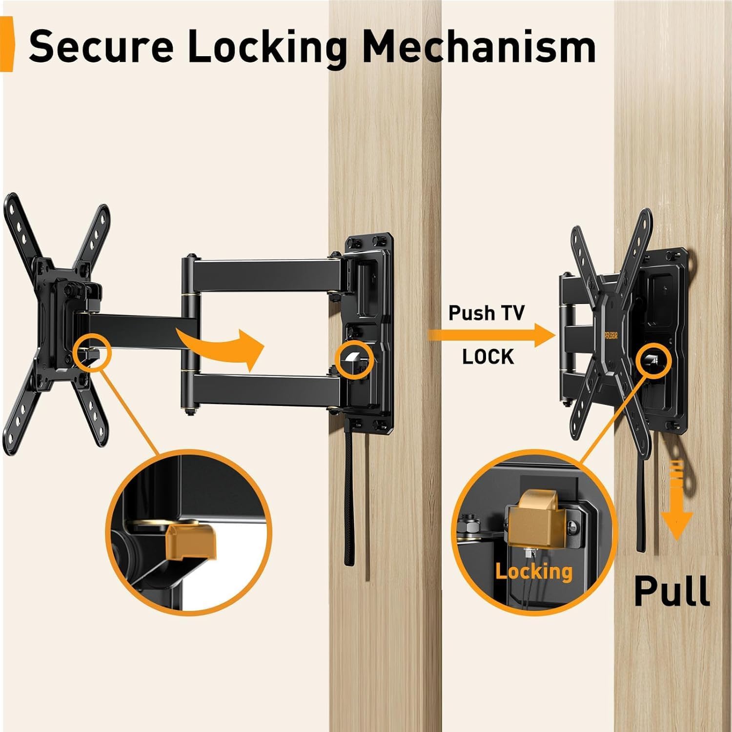 Perlegear Lockable RV TV Mount - Full Motion for 13–43 Inch TVs Up to 44 lbs | Swivel, Tilt, Pull Cord Lock