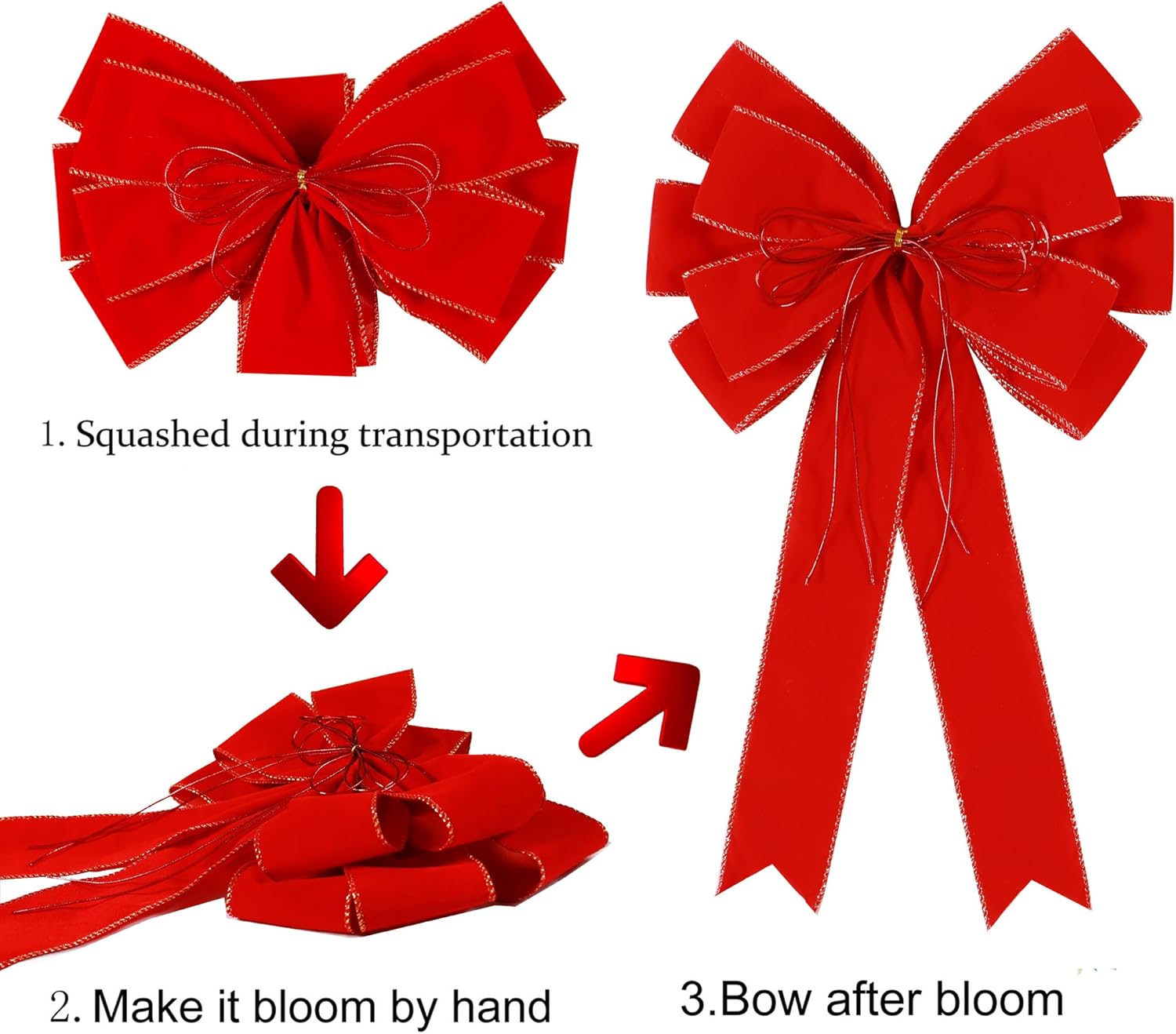 Regine Switzerland 2 Pack Red Christmas Bows - 12”x20” Large Velvet Wreath Bows with Glitter Gold Edge for Holiday Decor