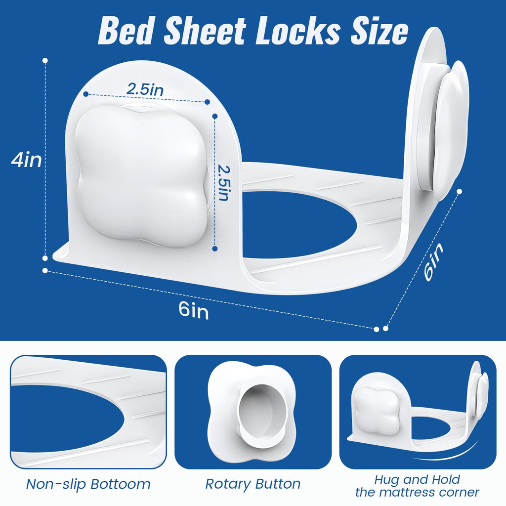Vokolesd 4Pcs Bed Sheet Holders for Corners, Fitted Sheet Holder Keep Sheets Firm, Durable Heavy Duty Bed Sheet Clips, Bed Lock Sheet Holders,Fit All Mattress Easy Install (White)