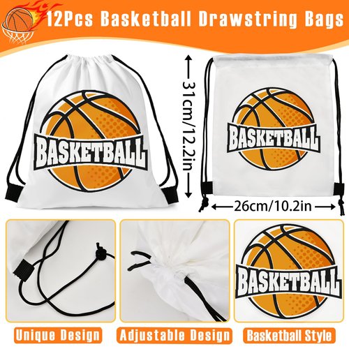 SNLN 12 Sets Basketball Party Favors Basketball Goodie Bags for Boys Includes Drawstring Bag Silicone Bracelet Keychain Tattoo Sticker for Sports Goodie Bags Basketball Birthday Party Supplies Decor