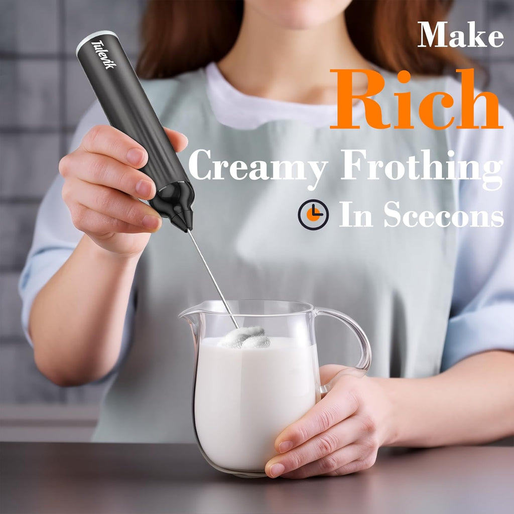 Milk Frother Handheld - Electric Coffee Frother Wand with USB Rechargeable 3 Speeds | Mini Black Frother for Lattes, Cappuccinos, and More