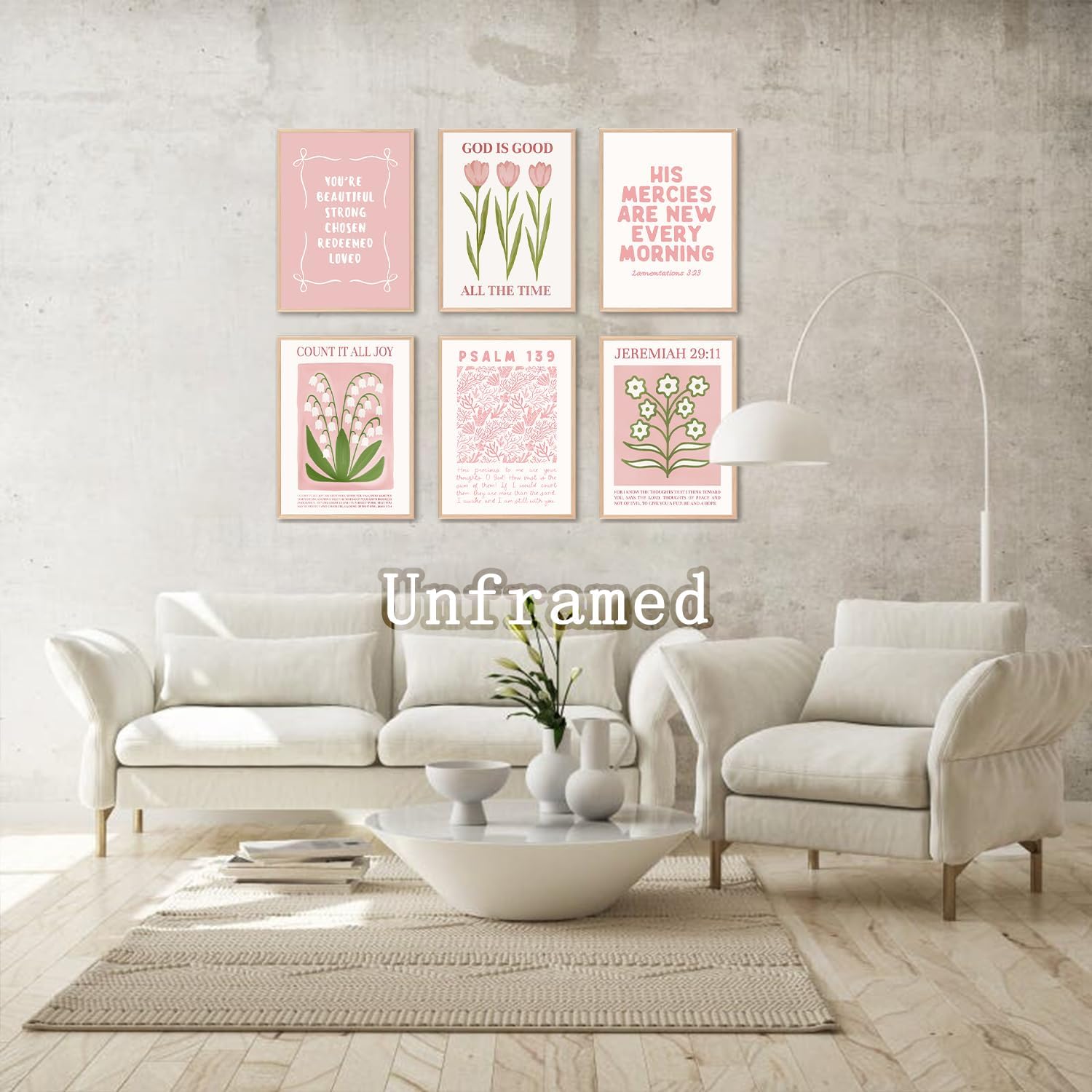 Skiennix 6Pcs Pink Bible Verse Wall Art - Floral Scripture Quotes for Bedroom & Living Room | 8x10 Inch Unframed
