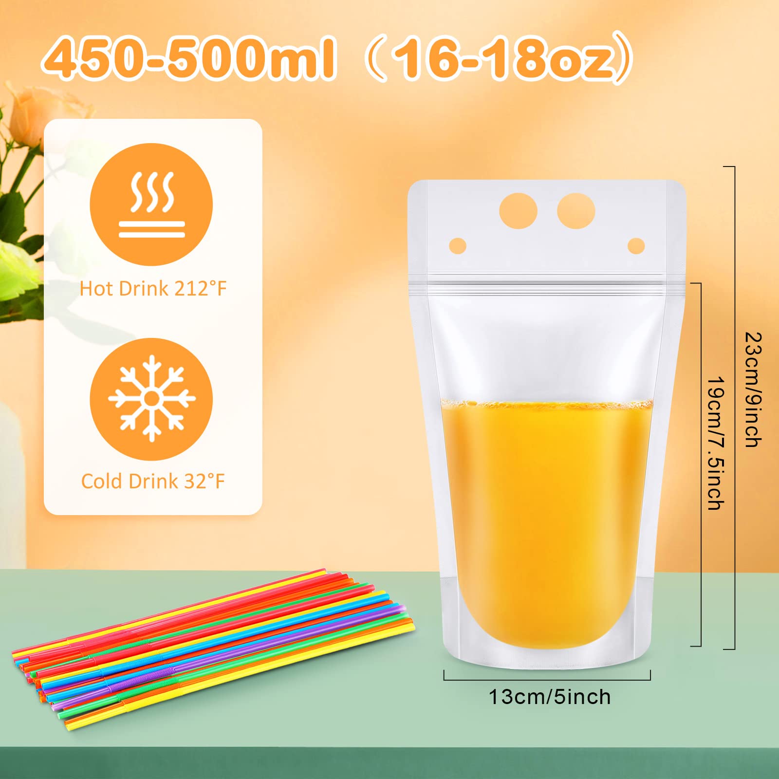 Nuenen 600 Pack Drink Pouches with 600 Straws Freezable Juice Pouches Straw Holes 17 oz Reclosable Drinking Bags for Adults for Smoothie Cold Hot Drinks Party (Classic)