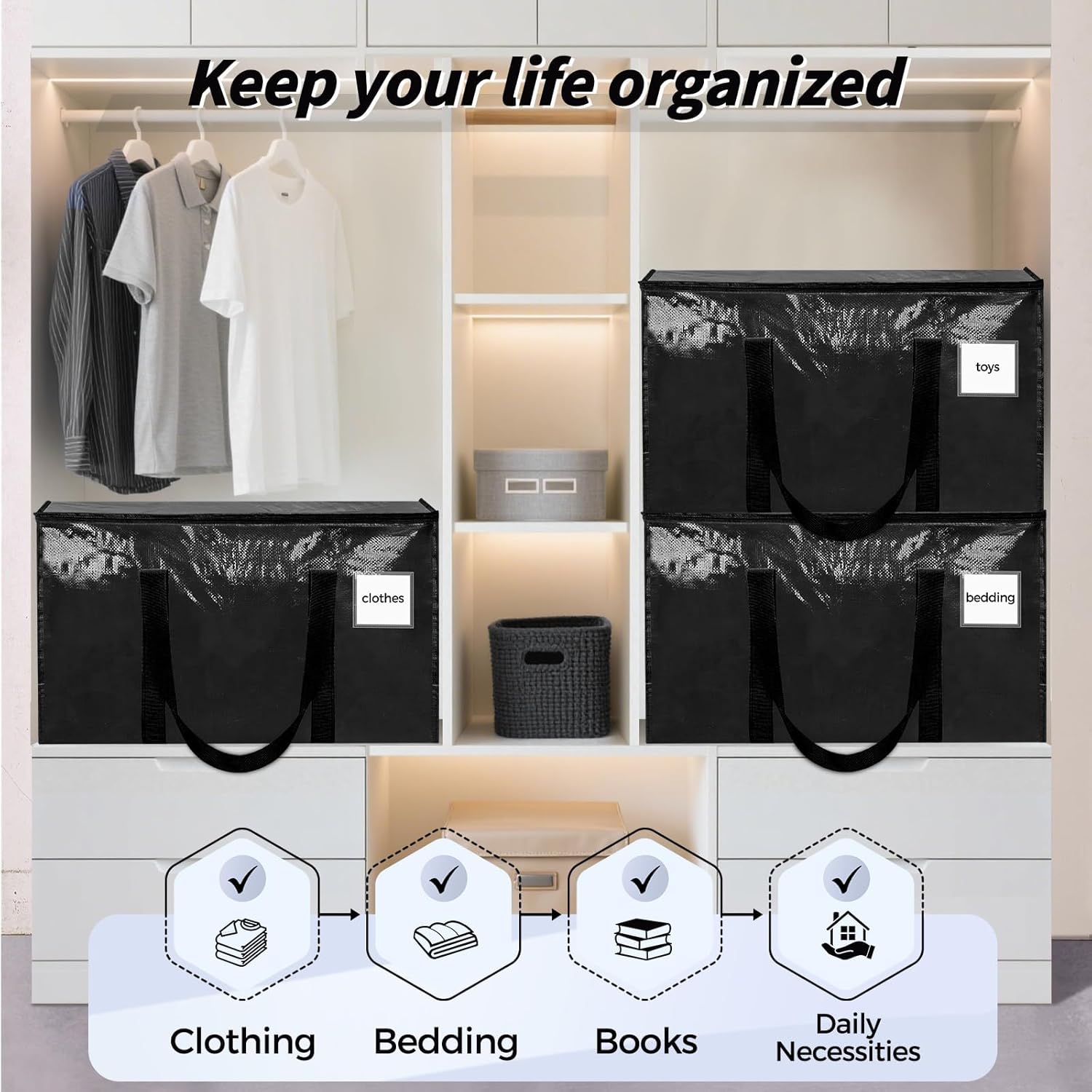 Skiennix Extra Large Heavy-Duty Moving Bags - 8 Pack Black Storage Totes with Lids & Reinforced Handles