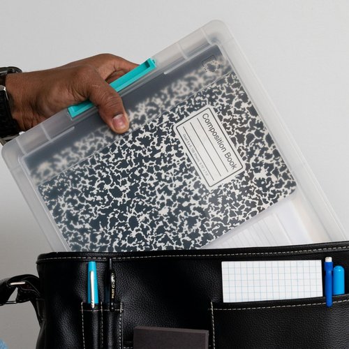 IRIS USA Craft Storage Bins - 6 Qt. Clip Box Set with Lids | Stackable Clear & Seafoam Blue | 4-Pack for Art Supplies & Organizing