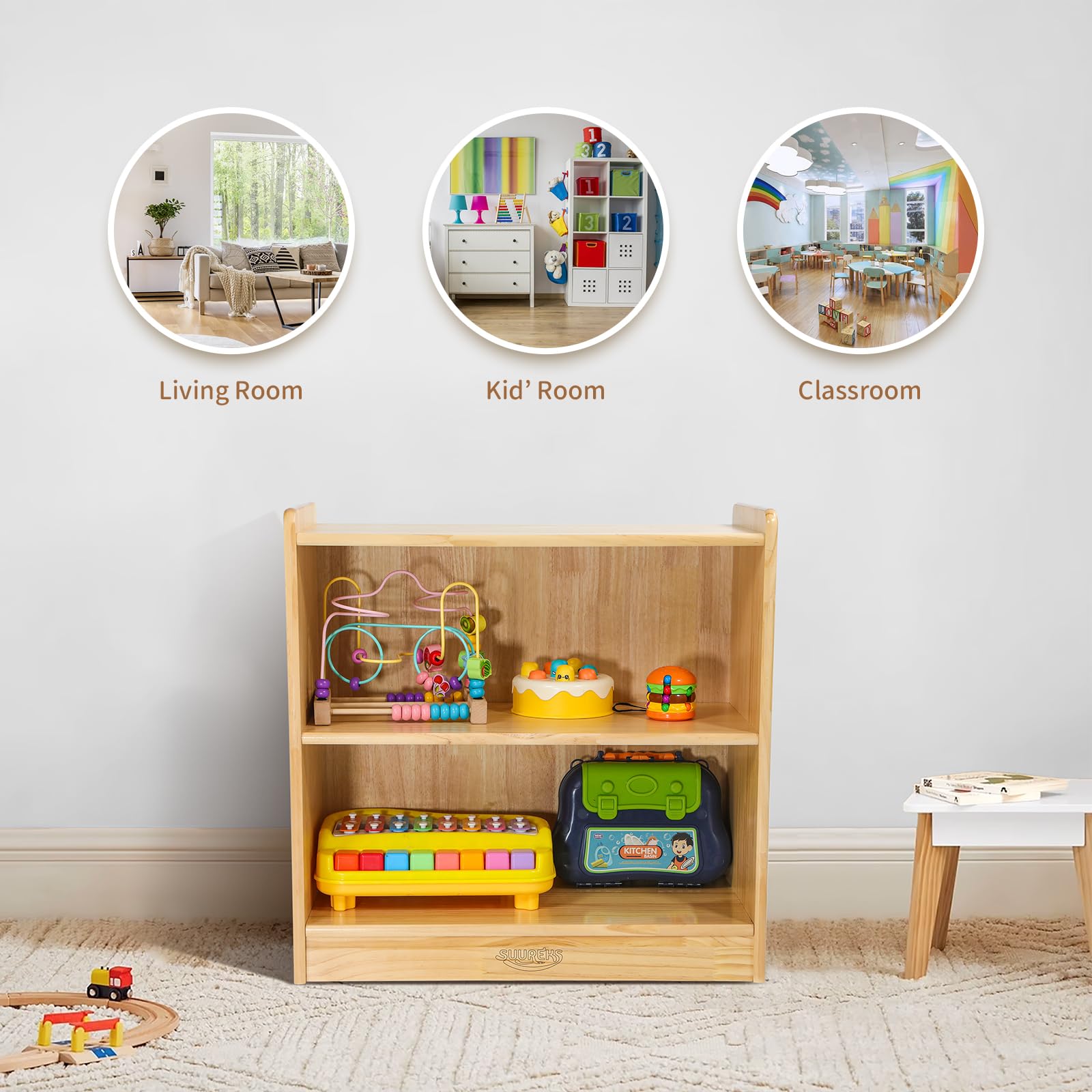 suureks Montessori Shelf, Toy Shelf for Kids, Kids Bookshelf, 2-Tier, 2-Section Wooden Book Shelf, Toy Storage Organizer for Kid Rooms, Palyroom, Nursery (23-5/8"*23-5/8"*11-4/5")