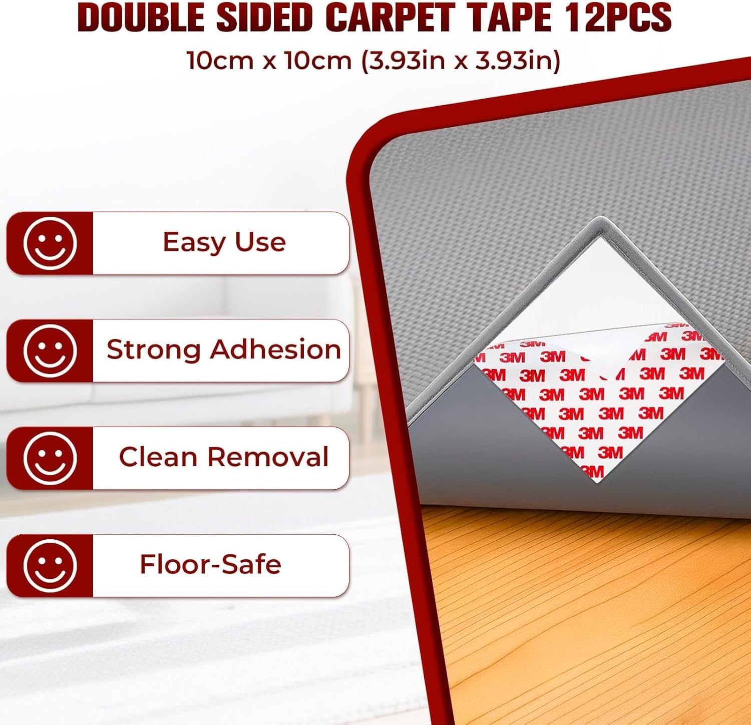 Skiennix 12PC Double-Sided Carpet Tape - Heavy Duty Non-Slip Adhesive for Hardwood Floors & Area Rugs