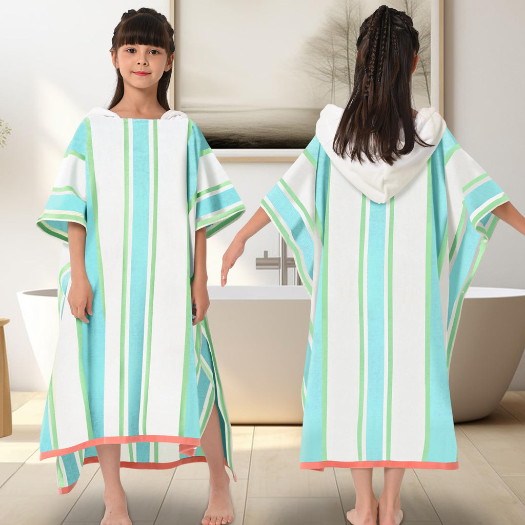 VOOVA & MOVAS Hooded Poncho Towels for Teens (8-16Years), 100% Cotton Thick Poncho Towel for Big Kids, Perfect for Pool, Beach, Bath, Green White Stripe