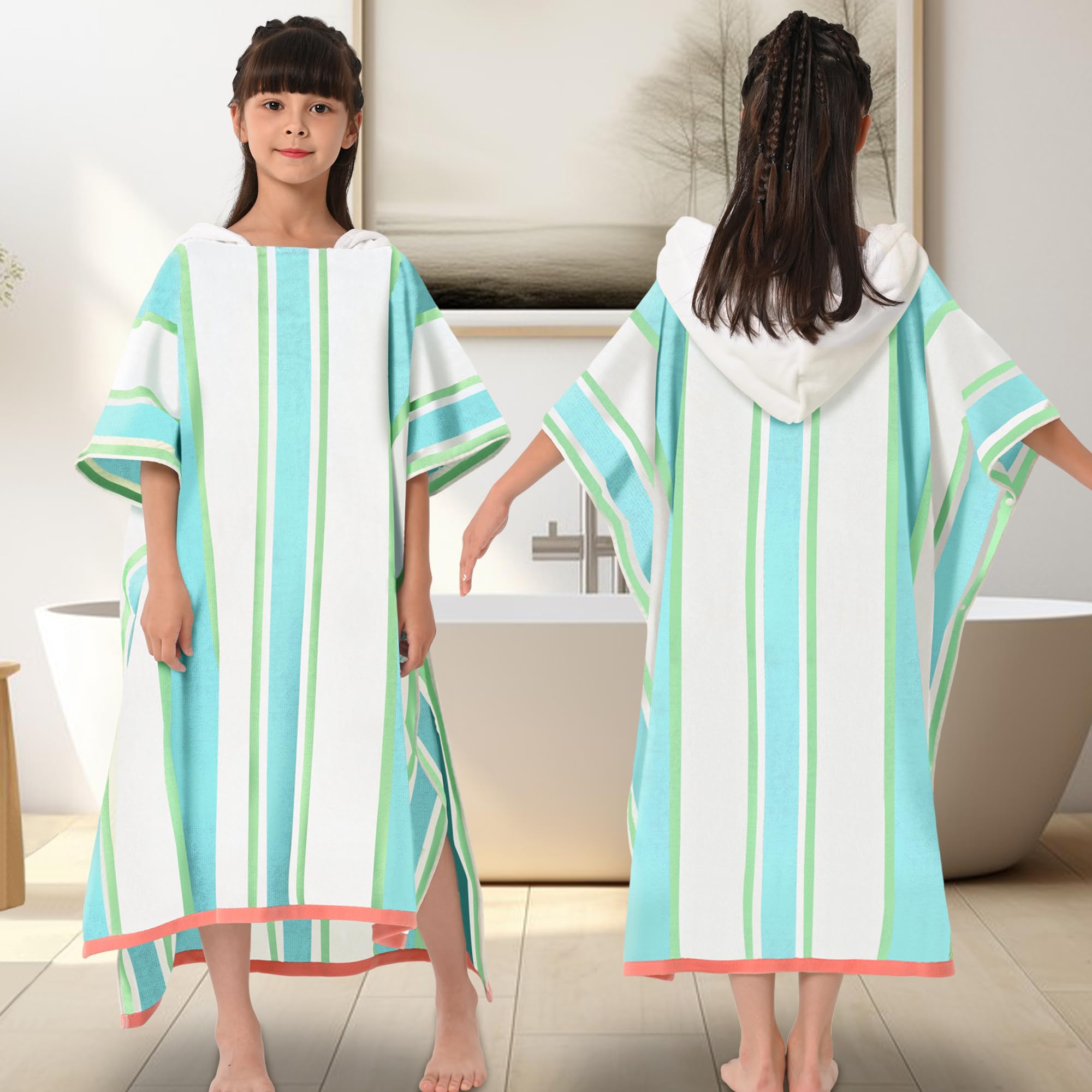VOOVA & MOVAS Hooded Poncho Towels for Teens (8-16Years), 100% Cotton Thick Poncho Towel for Big Kids, Perfect for Pool, Beach, Bath, Green White Stripe