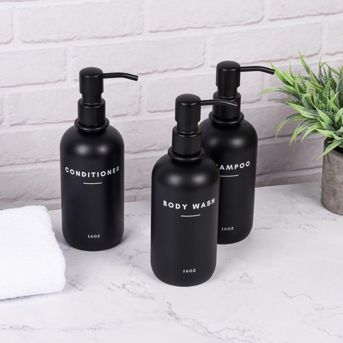 Set of 3 Shampoo and Conditioner Dispenser Stainless Steel Pump Head - 16oz Durable Shower Soap Dispenser and Shampoo Bottles - Easy to Refill Bathroom soap Dispenser Set Bathroom Decor with Labels