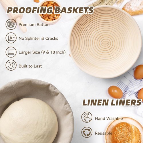 Kikcoin Bread Proofing Basket Set - 9 Inch & 10 Inch Round Sourdough Baskets with Linen Liner & Tools