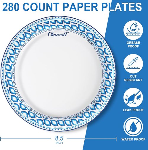 Clawsoff Heavy Duty 8.5-Inch Paper Plates - 280 Count, Soak Proof Disposable Dinner Plates for Parties & Picnics