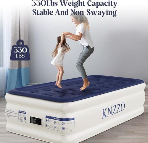 KNZZO Twin Air Mattress - Built-In Pump, Soft Flocked Top, Waterproof & Leakproof for Home or Camping