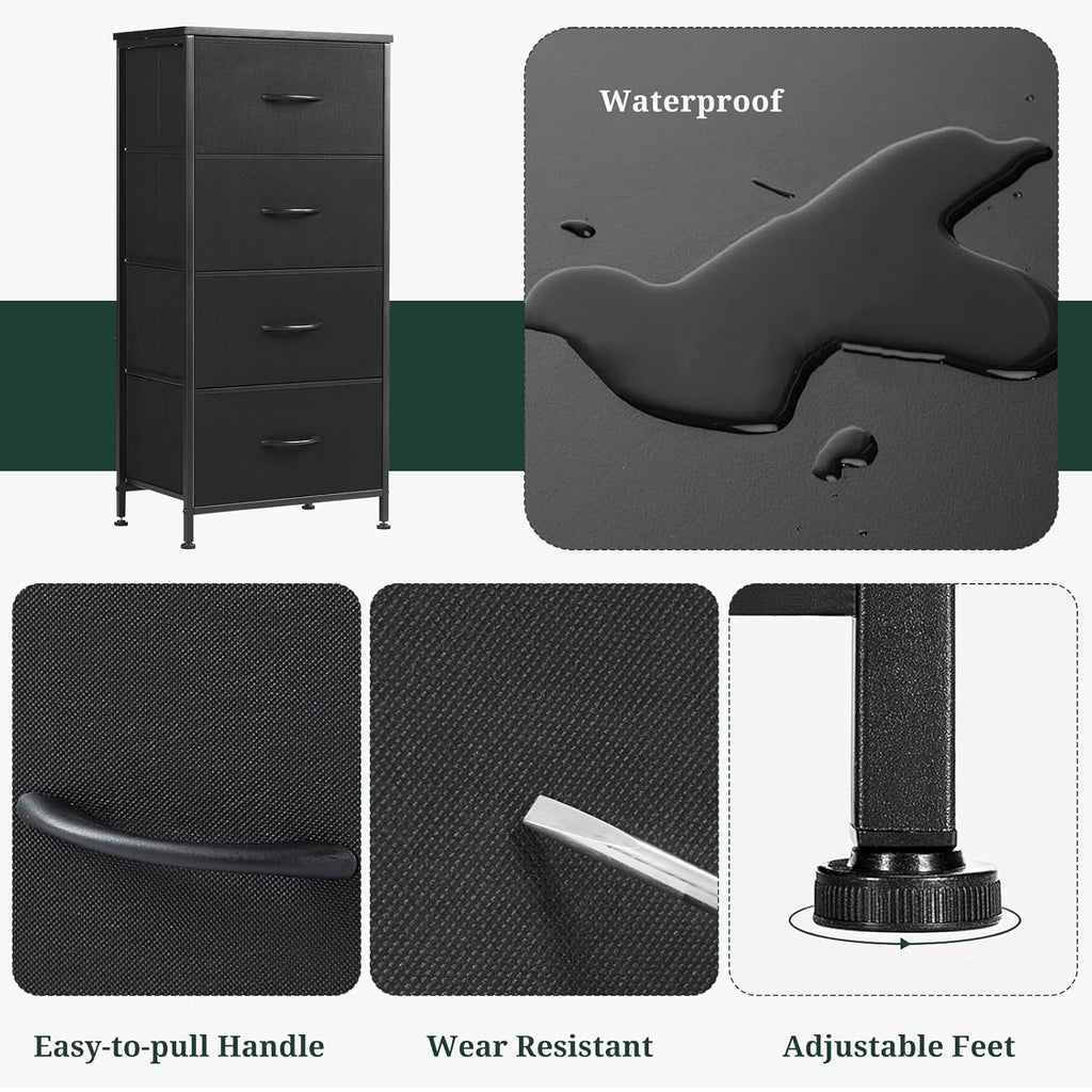 Regine Switzerland Nightstand - 4 Drawer Dresser with Wooden Top & Steel Frame | Black Fabric Bins for Bedroom & Living Room