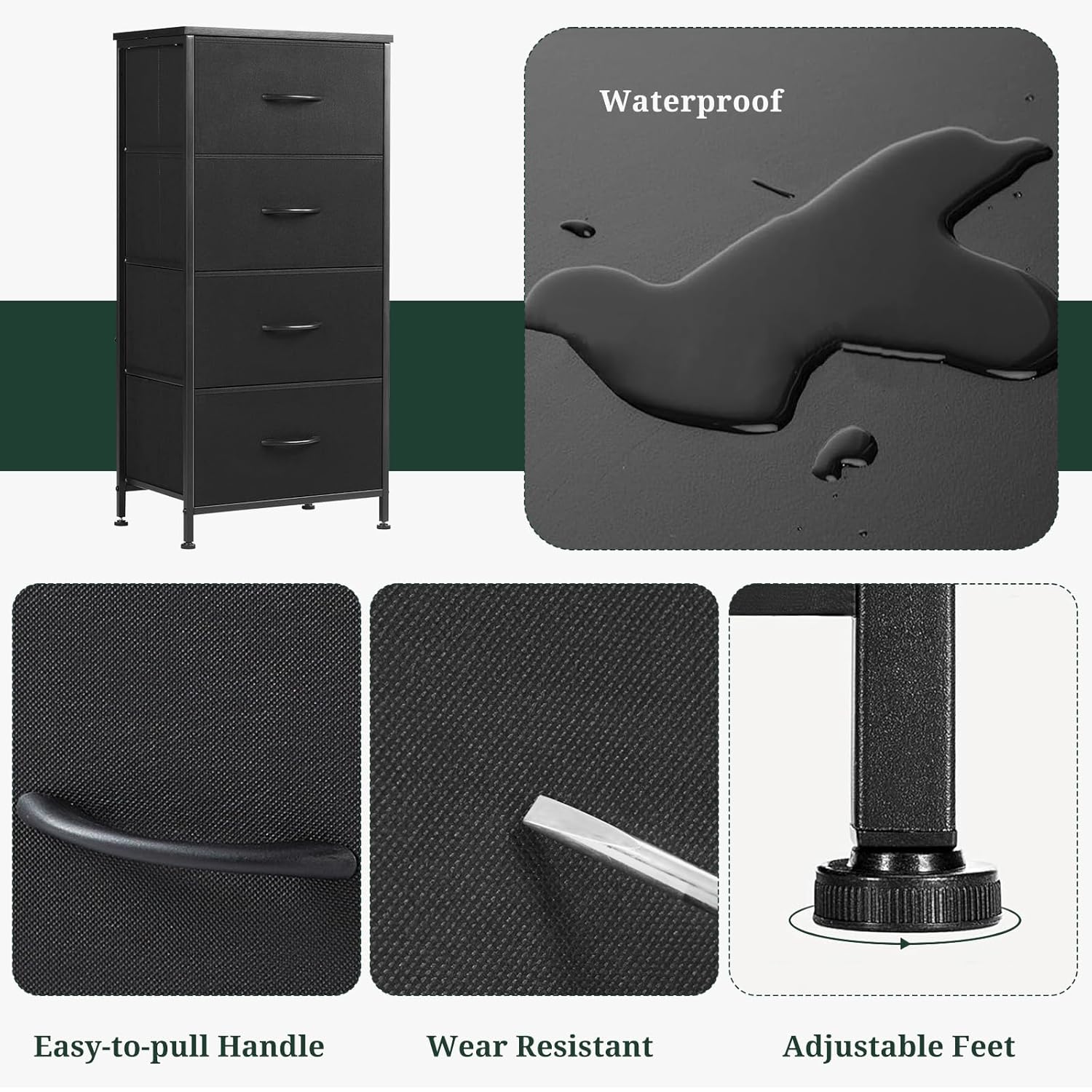 Regine Switzerland Nightstand - 4 Drawer Dresser with Wooden Top & Steel Frame | Black Fabric Bins for Bedroom & Living Room